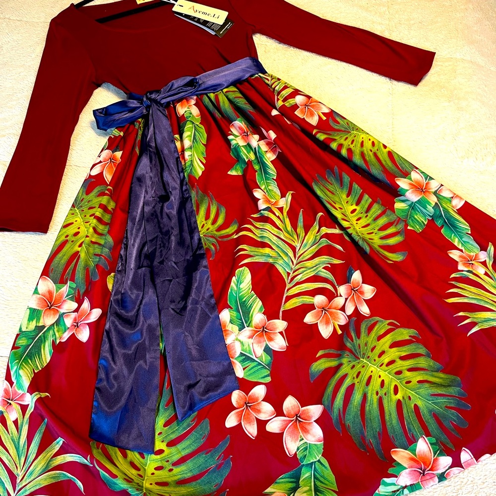 🆕 Women’s Wine Crewneck Evening Floral Print Party A-Line Swing Dress with Belt